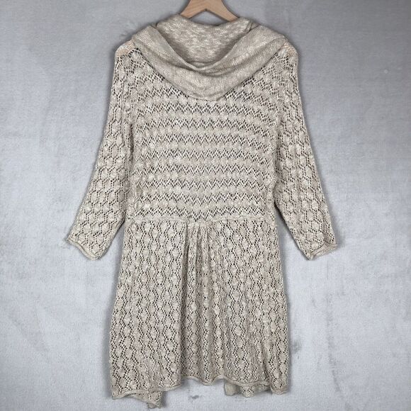 NATURAL REFLECTIONS Open Cardigan Sz L Cotton Oatmeal Open Knit Sweater Pockets - Picture 2 of 9